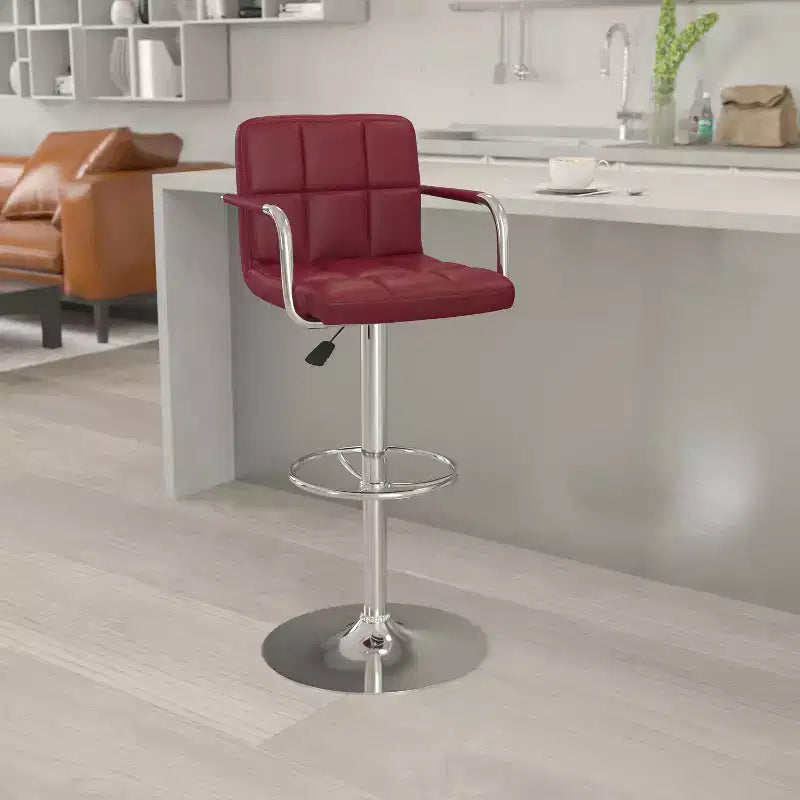 Quilted Vinyl Adjustable Height Barstool with Arms & Chrome Base