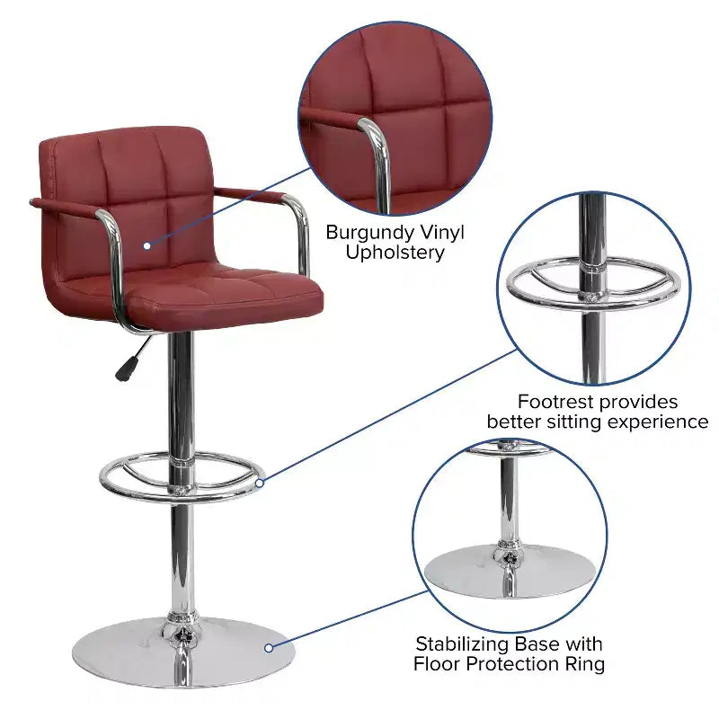 Quilted Vinyl Adjustable Height Barstool with Arms & Chrome Base
