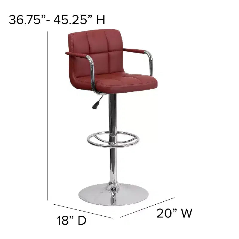 Quilted Vinyl Adjustable Height Barstool with Arms & Chrome Base