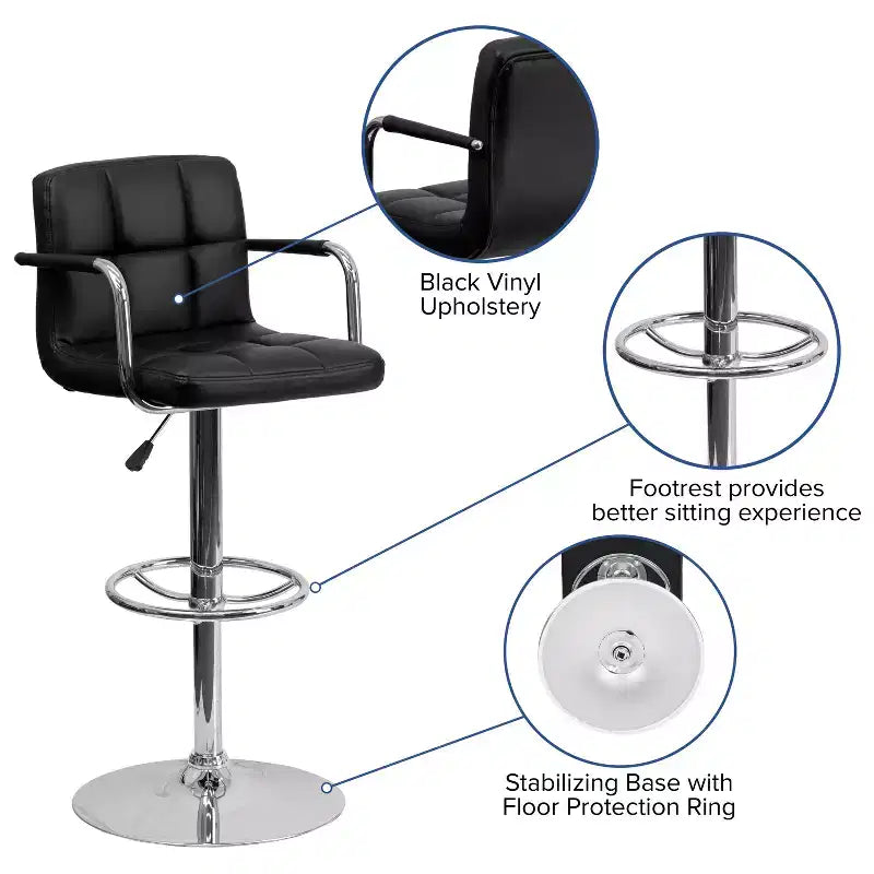 Quilted Vinyl Adjustable Height Barstool with Arms & Chrome Base