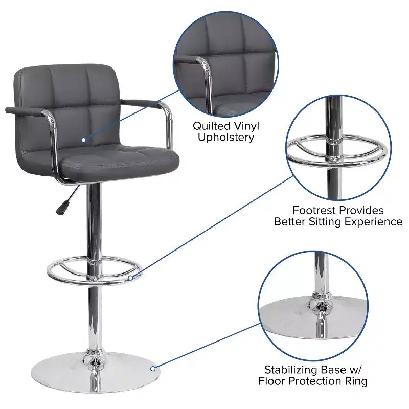 Quilted Vinyl Adjustable Height Barstool with Arms & Chrome Base