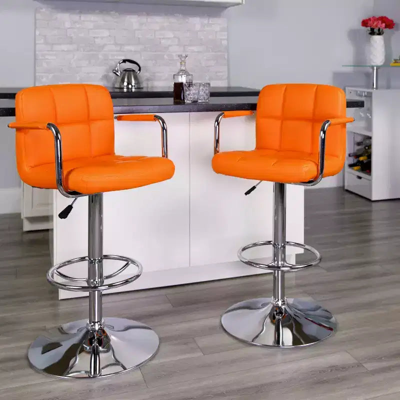 Quilted Vinyl Adjustable Height Barstool with Arms & Chrome Base