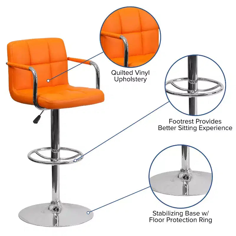 Quilted Vinyl Adjustable Height Barstool with Arms & Chrome Base