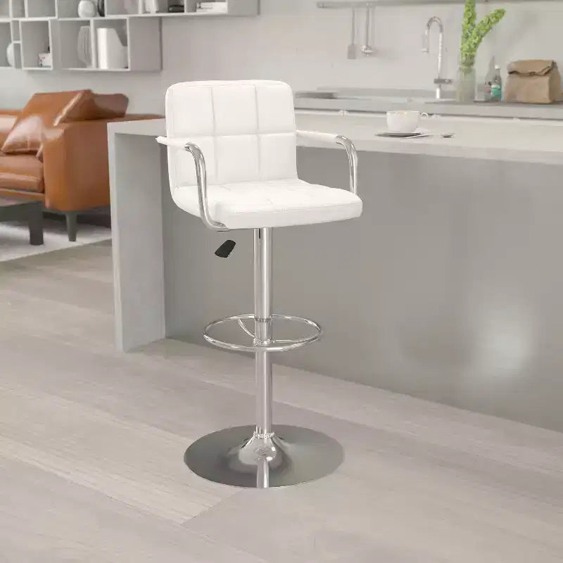 Quilted Vinyl Adjustable Height Barstool with Arms & Chrome Base