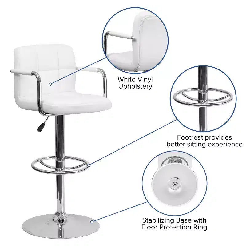 Quilted Vinyl Adjustable Height Barstool with Arms & Chrome Base