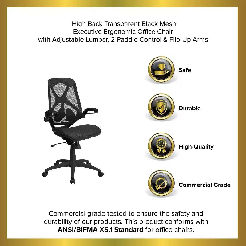 High Back Transparent Mesh Ergonomic Office Chair with Flip-Up Arms