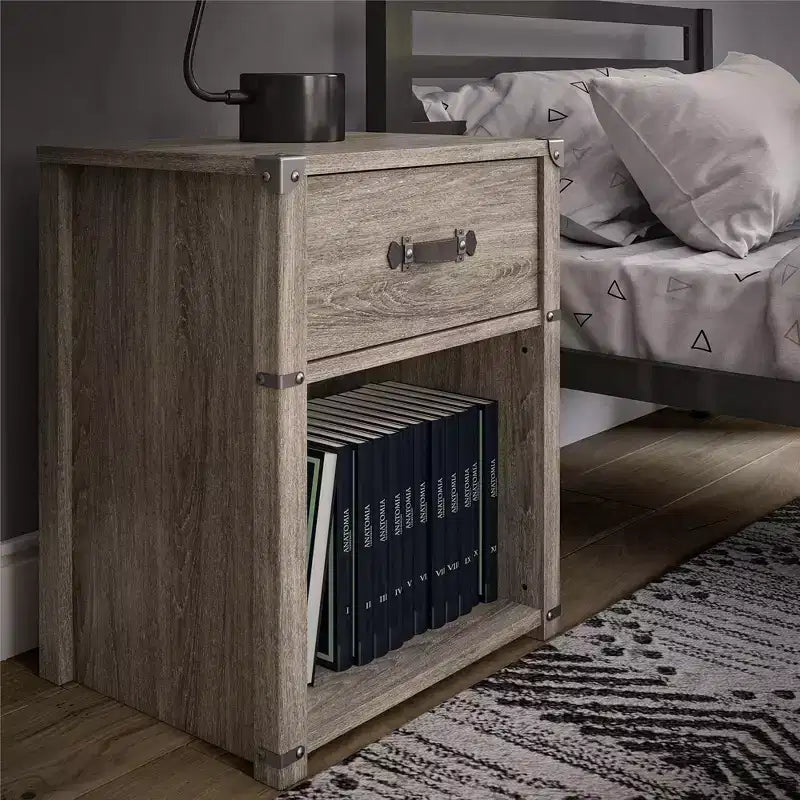 1-Drawer Storage Nightstand with Leather Drawer Pull, Gray Oak