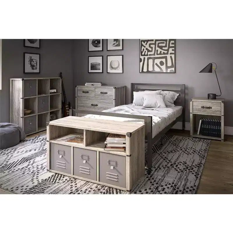 1-Drawer Storage Nightstand with Leather Drawer Pull, Gray Oak