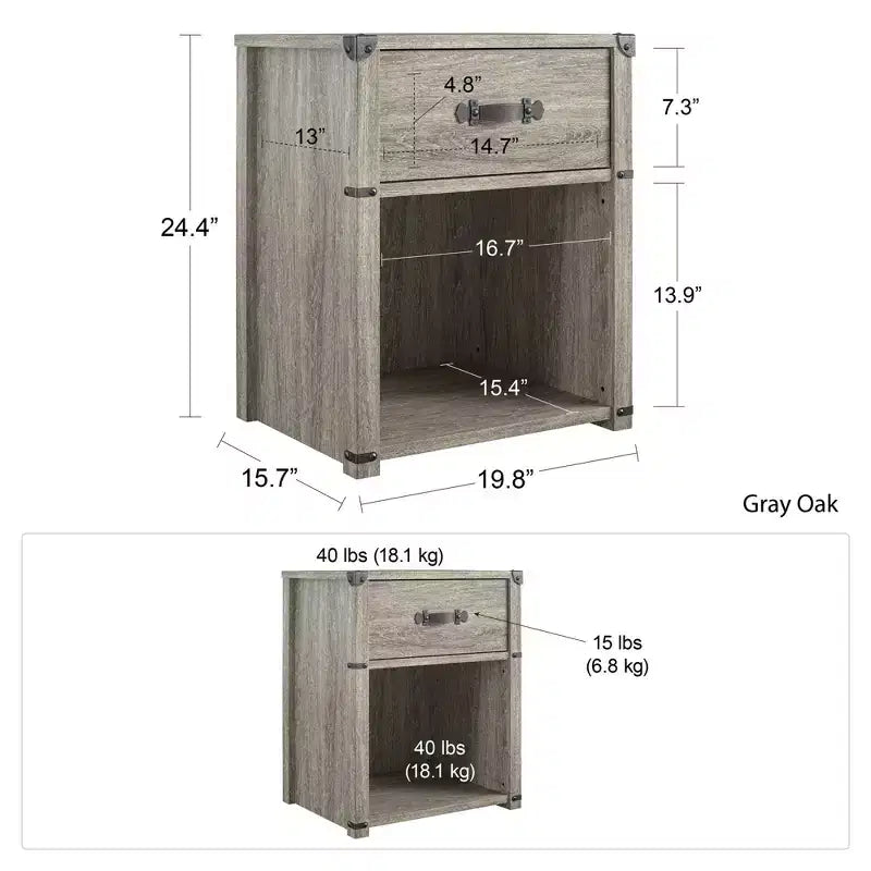 1-Drawer Storage Nightstand with Leather Drawer Pull, Gray Oak
