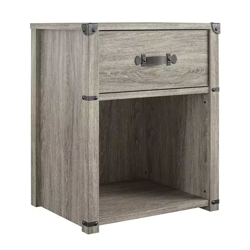 1-Drawer Storage Nightstand with Leather Drawer Pull, Gray Oak