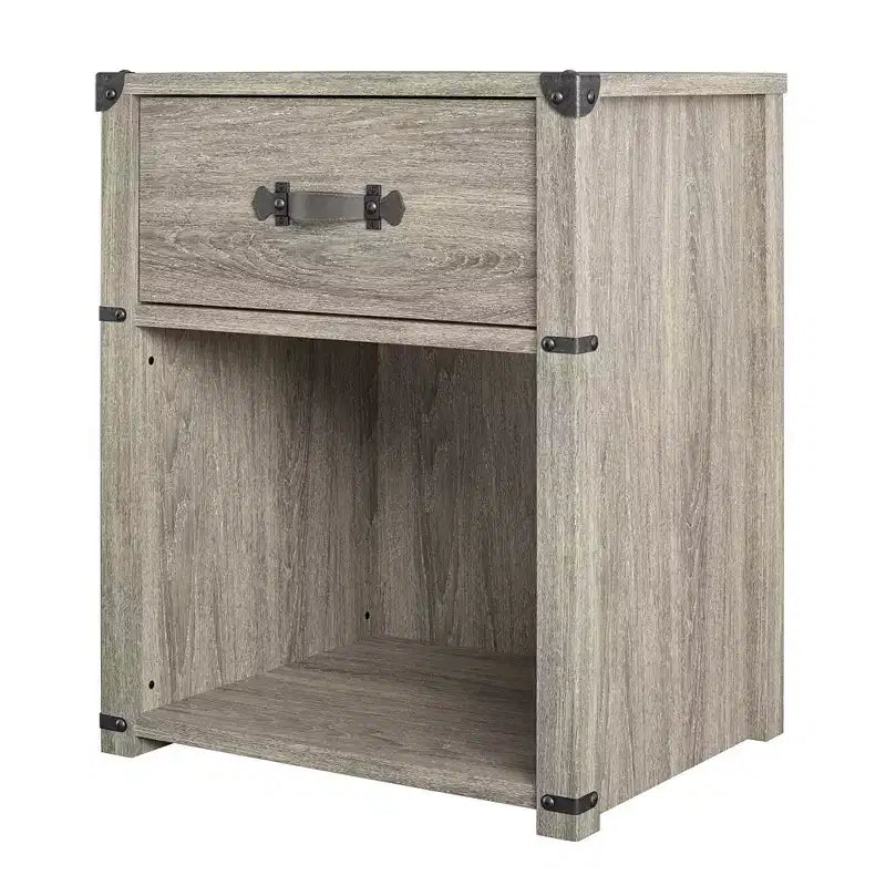 1-Drawer Storage Nightstand with Leather Drawer Pull, Gray Oak