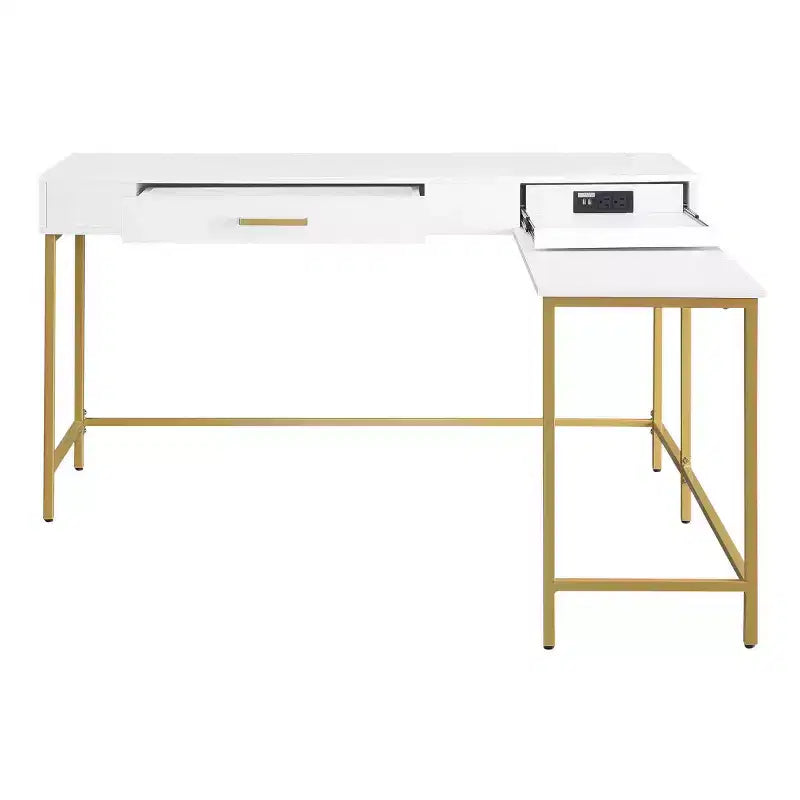 L-Shaped Desk with Built-In Power Tray & Gold Metal Legs