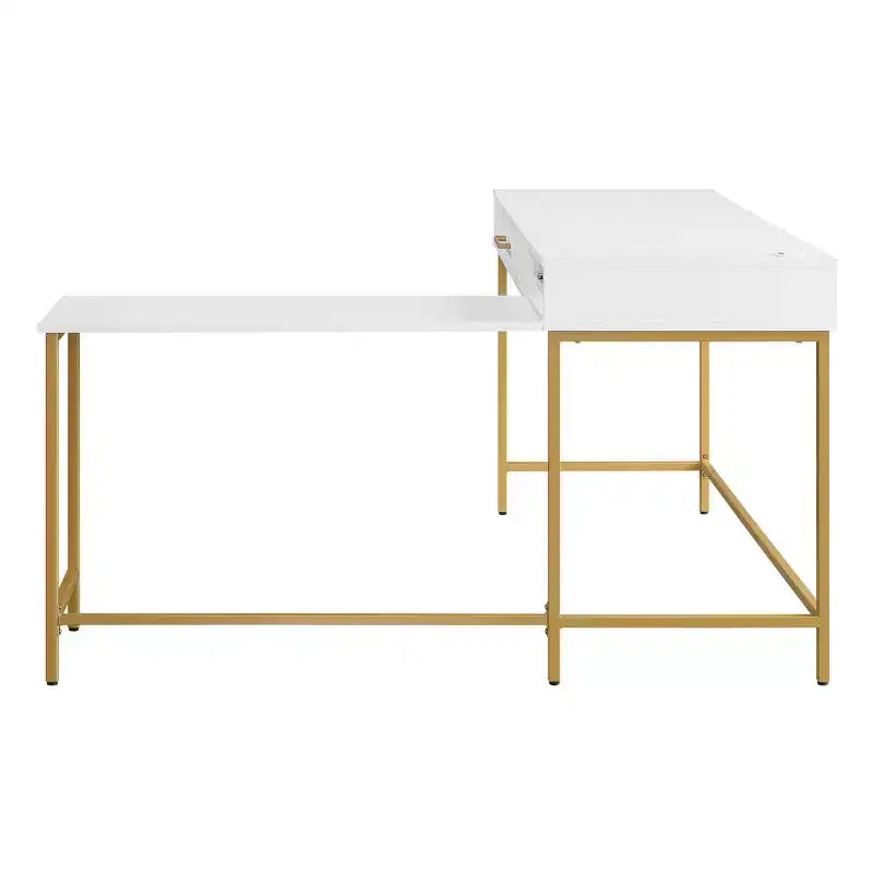L-Shaped Desk with Built-In Power Tray & Gold Metal Legs