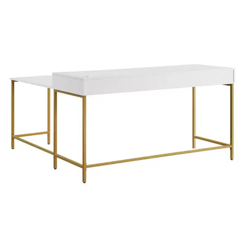 L-Shaped Desk with Built-In Power Tray & Gold Metal Legs