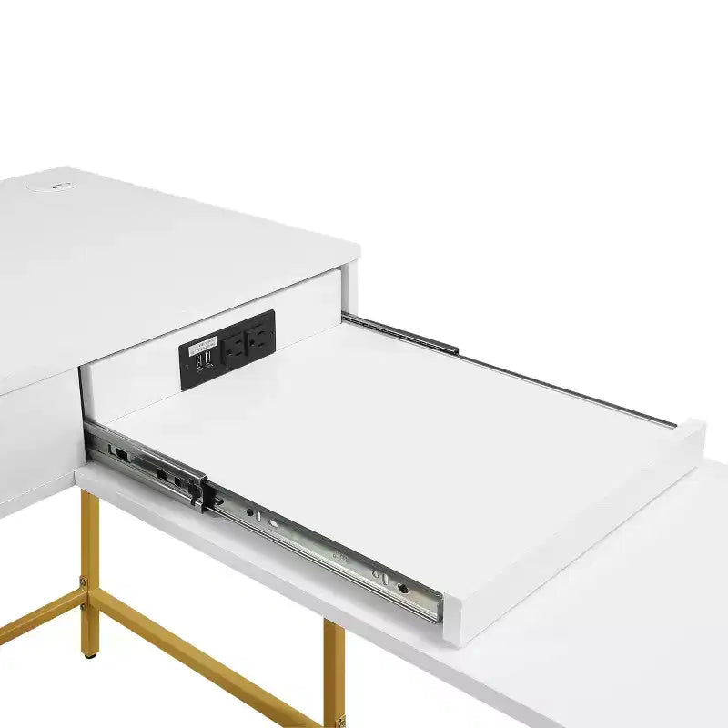 L-Shaped Desk with Built-In Power Tray & Gold Metal Legs
