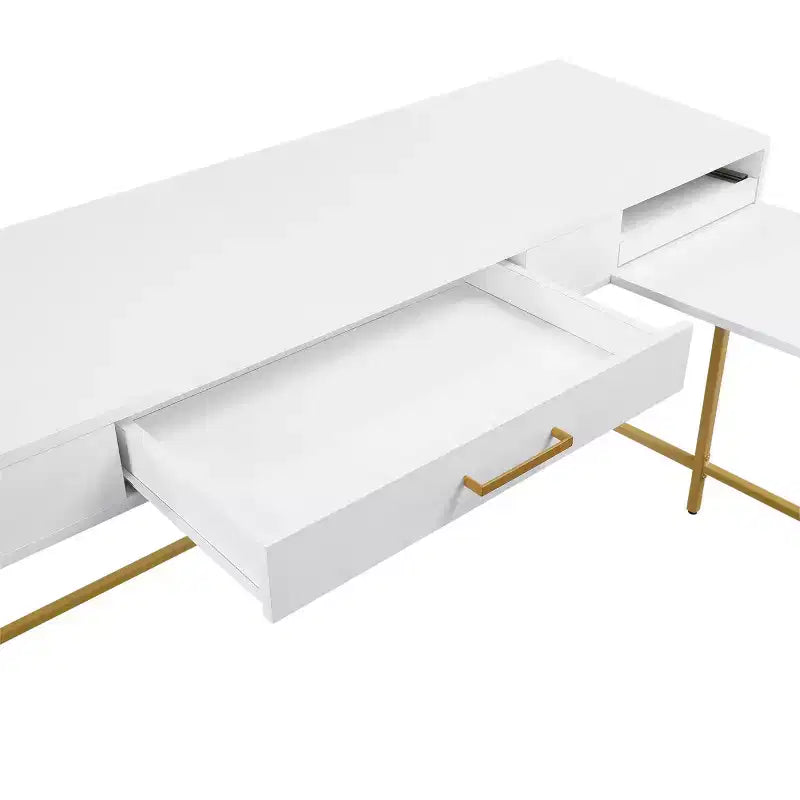 L-Shaped Desk with Built-In Power Tray & Gold Metal Legs