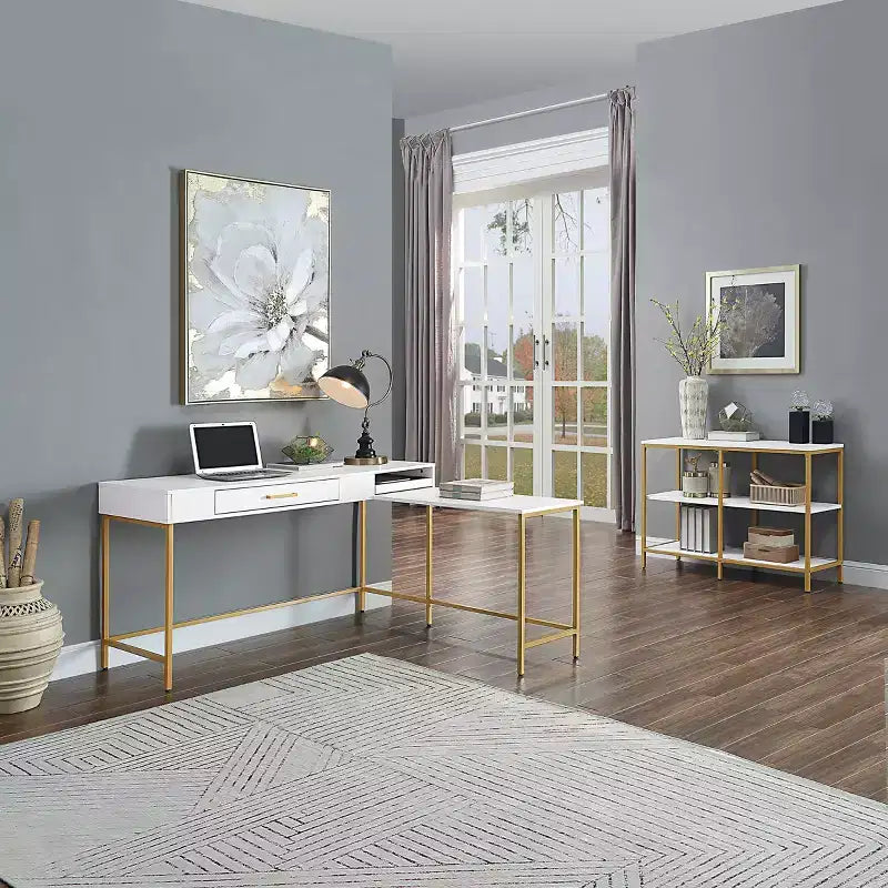 L-Shaped Desk with Built-In Power Tray & Gold Metal Legs