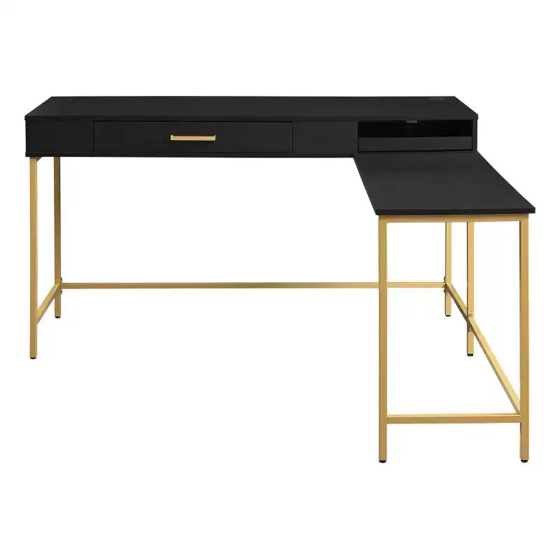 L-Shaped Desk with Built-In Power Tray & Gold Metal Legs