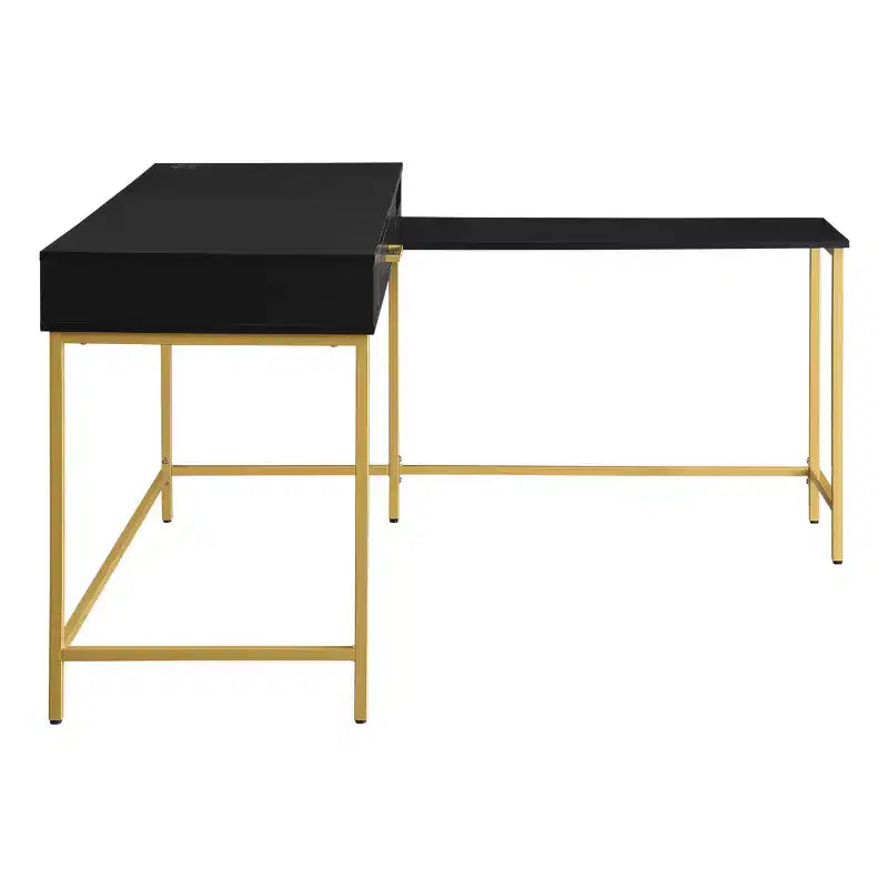 L-Shaped Desk with Built-In Power Tray & Gold Metal Legs