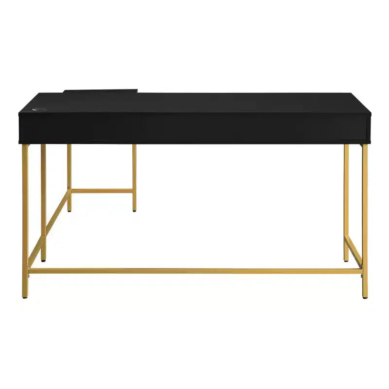 L-Shaped Desk with Built-In Power Tray & Gold Metal Legs