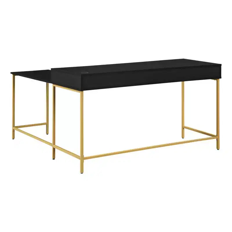 L-Shaped Desk with Built-In Power Tray & Gold Metal Legs