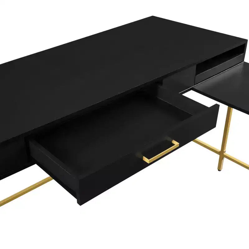 L-Shaped Desk with Built-In Power Tray & Gold Metal Legs