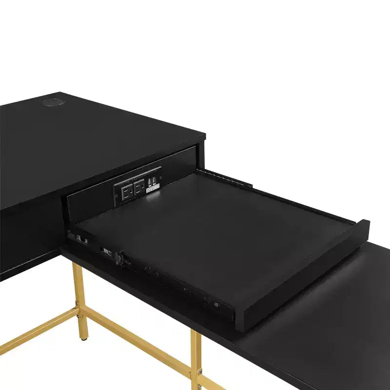 L-Shaped Desk with Built-In Power Tray & Gold Metal Legs