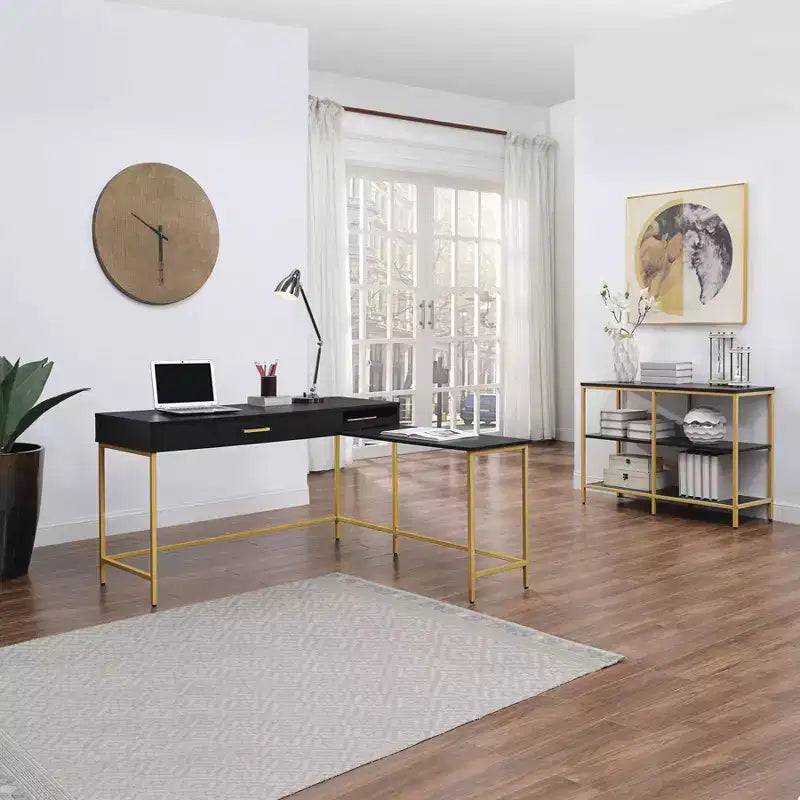 L-Shaped Desk with Built-In Power Tray & Gold Metal Legs