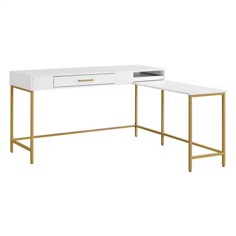 L-Shaped Desk with Built-In Power Tray & Gold Metal Legs
