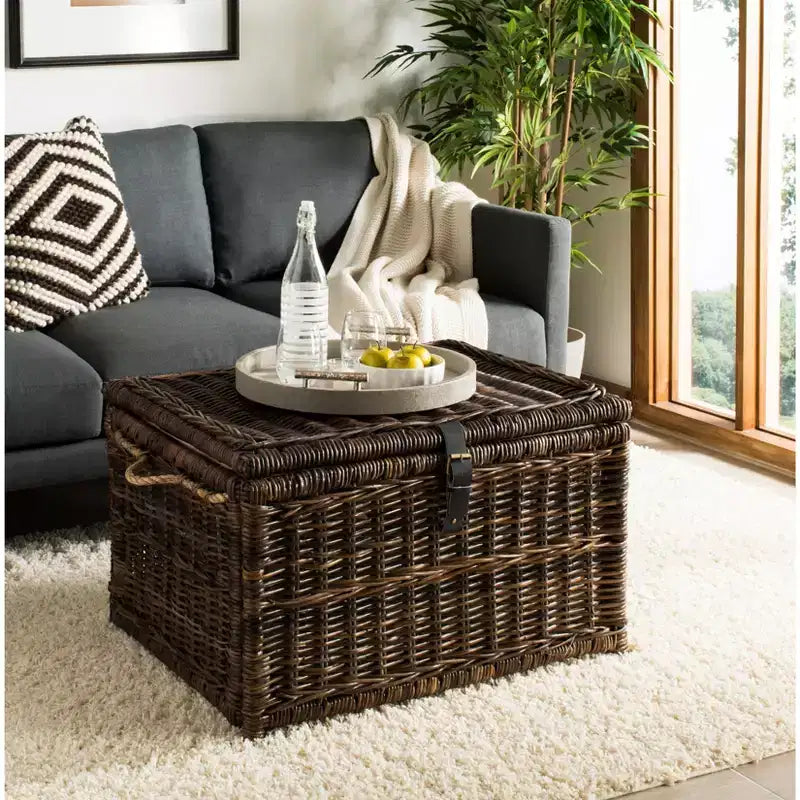 30" Hand-Woven Wicker Storage Trunk with Leather Strap Accent