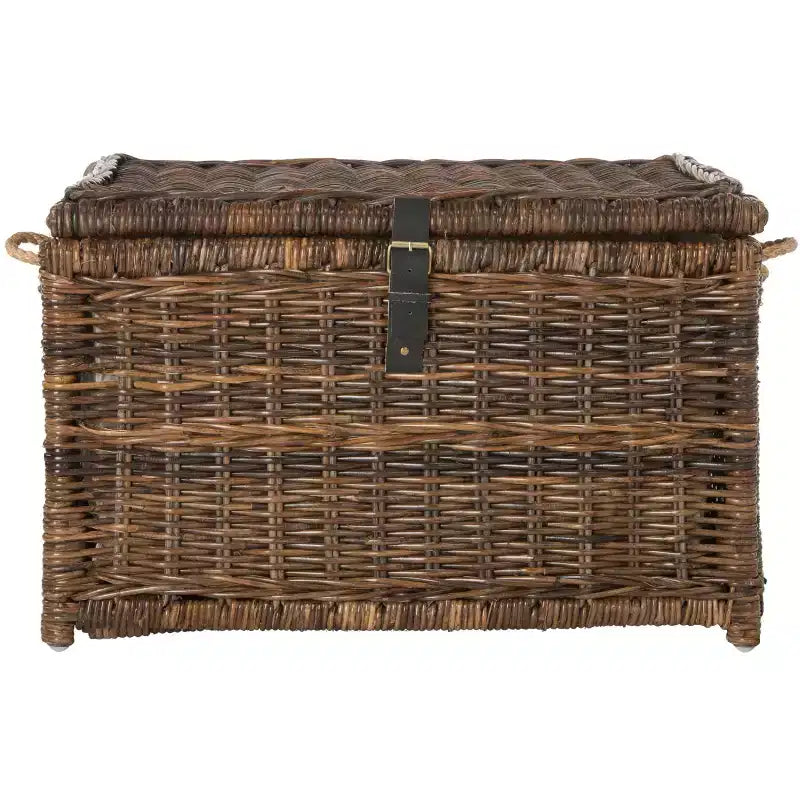 30" Hand-Woven Wicker Storage Trunk with Leather Strap Accent
