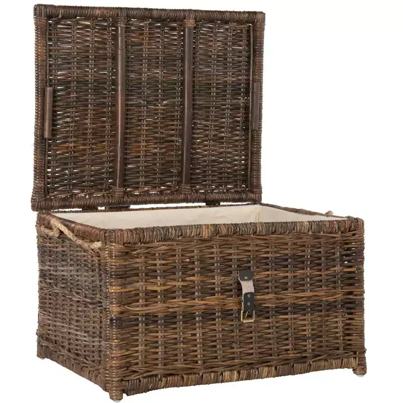 30" Hand-Woven Wicker Storage Trunk with Leather Strap Accent