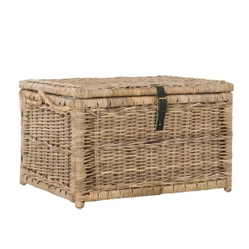 30" Hand-Woven Wicker Storage Trunk with Leather Strap Accent