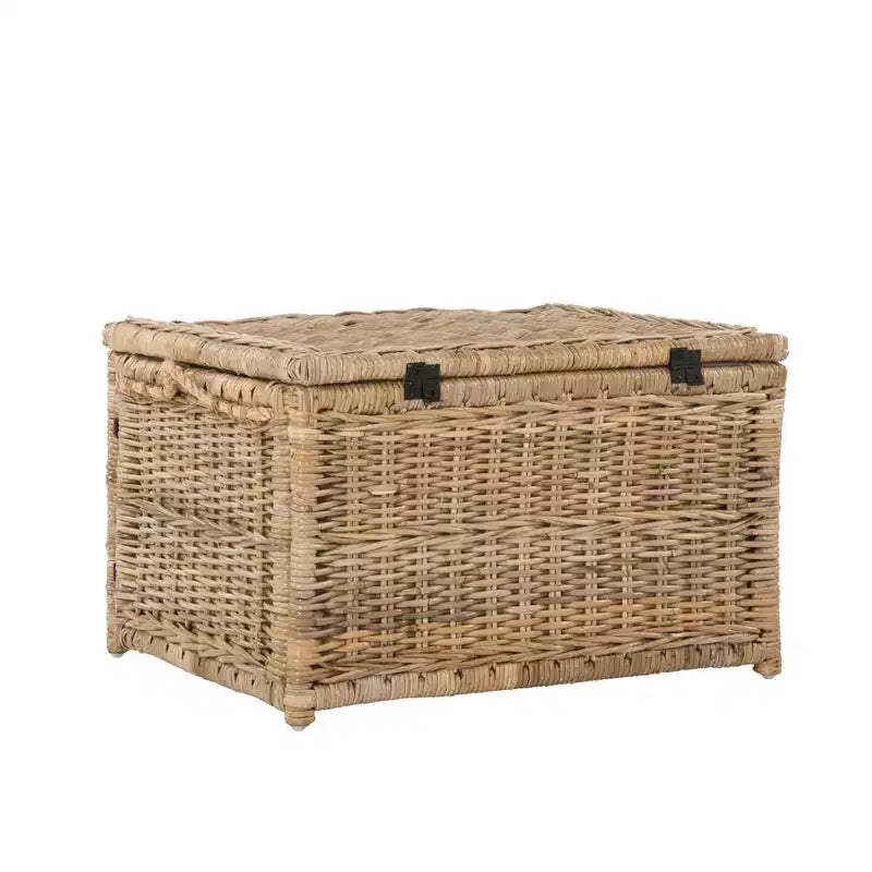 30" Hand-Woven Wicker Storage Trunk with Leather Strap Accent