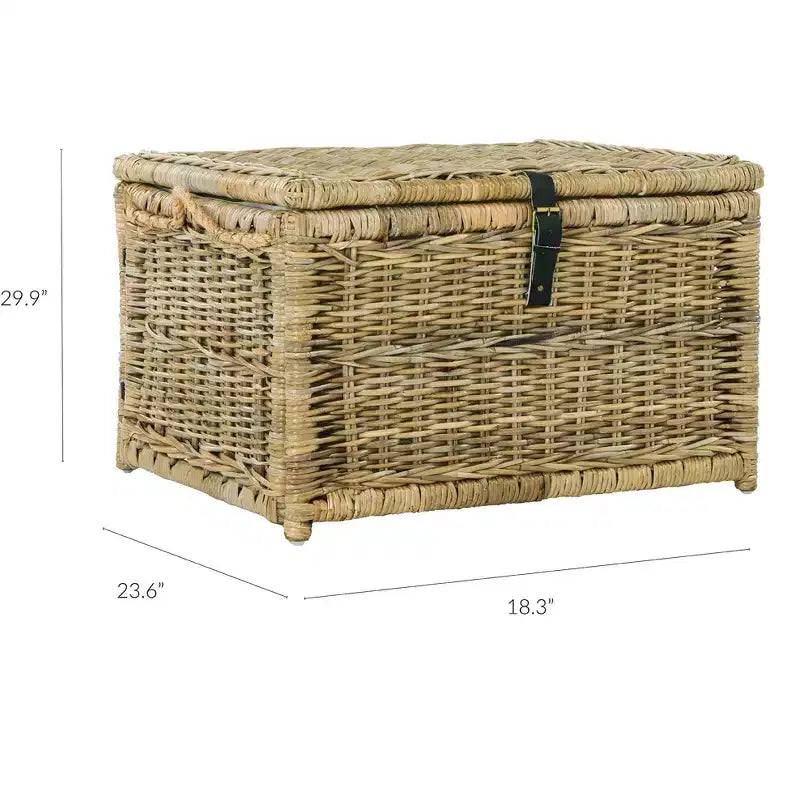 30" Hand-Woven Wicker Storage Trunk with Leather Strap Accent