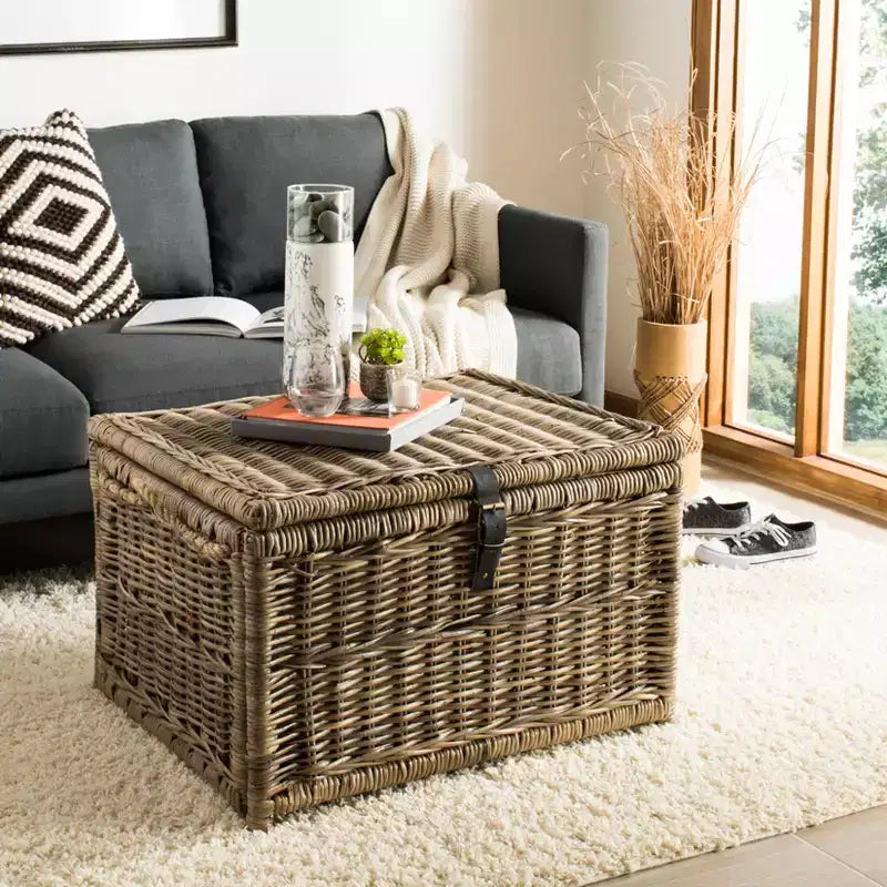 30" Hand-Woven Wicker Storage Trunk with Leather Strap Accent