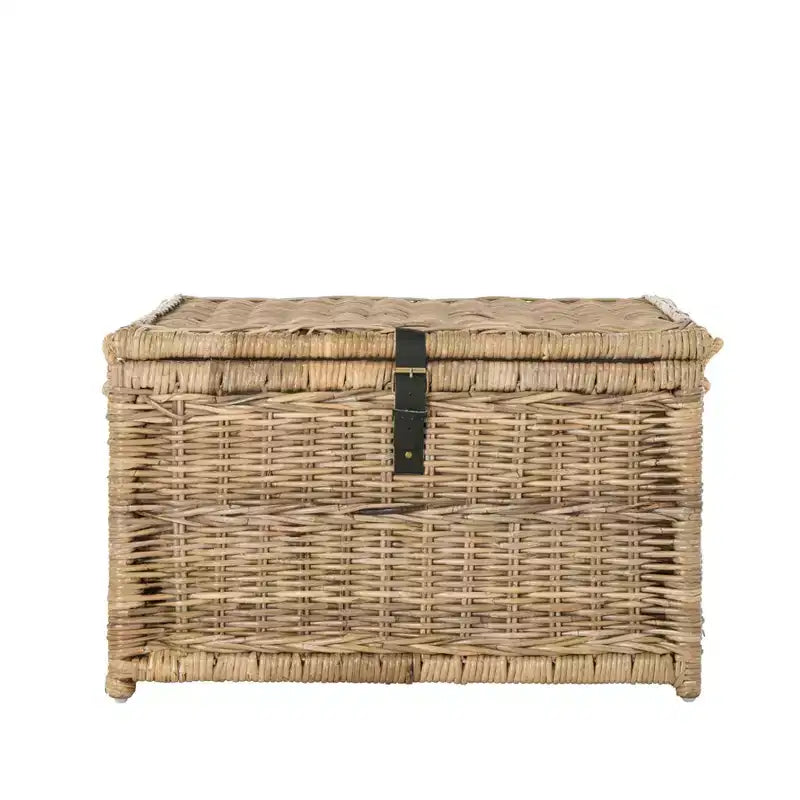 30" Hand-Woven Wicker Storage Trunk with Leather Strap Accent