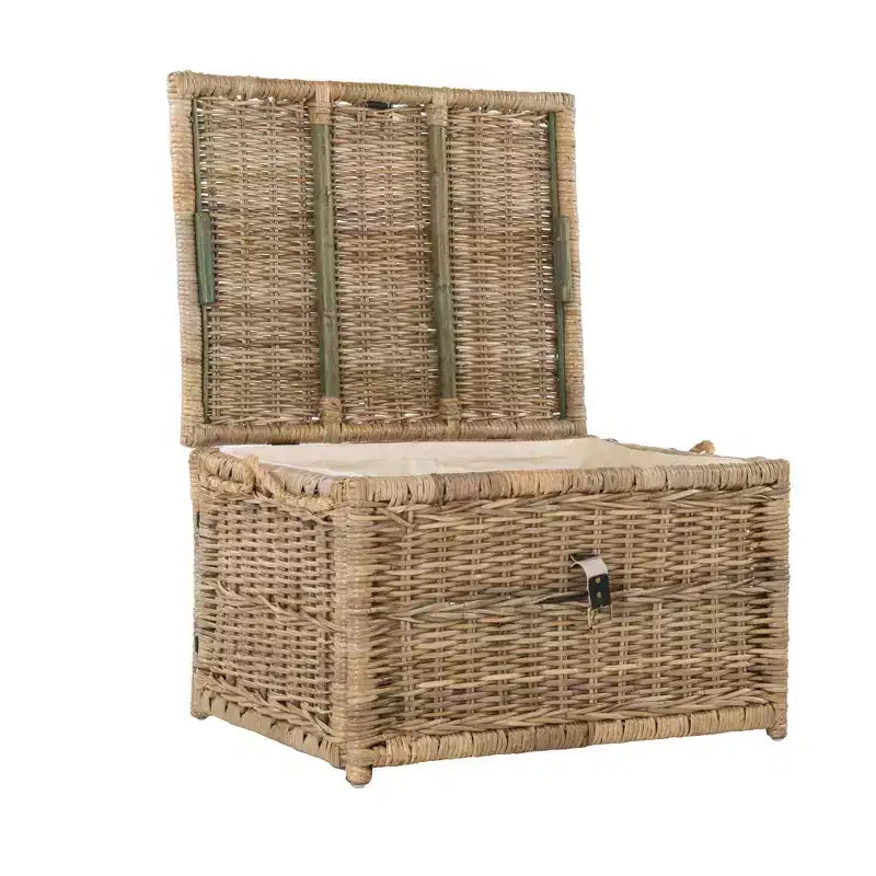 30" Hand-Woven Wicker Storage Trunk with Leather Strap Accent