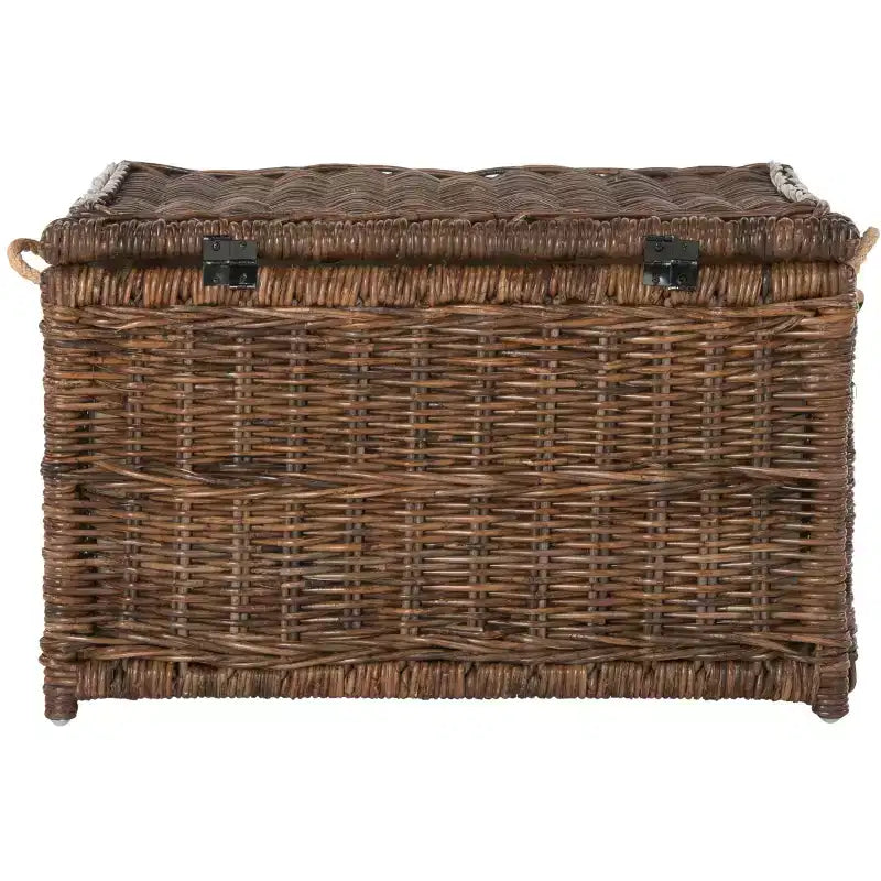 30" Hand-Woven Wicker Storage Trunk with Leather Strap Accent