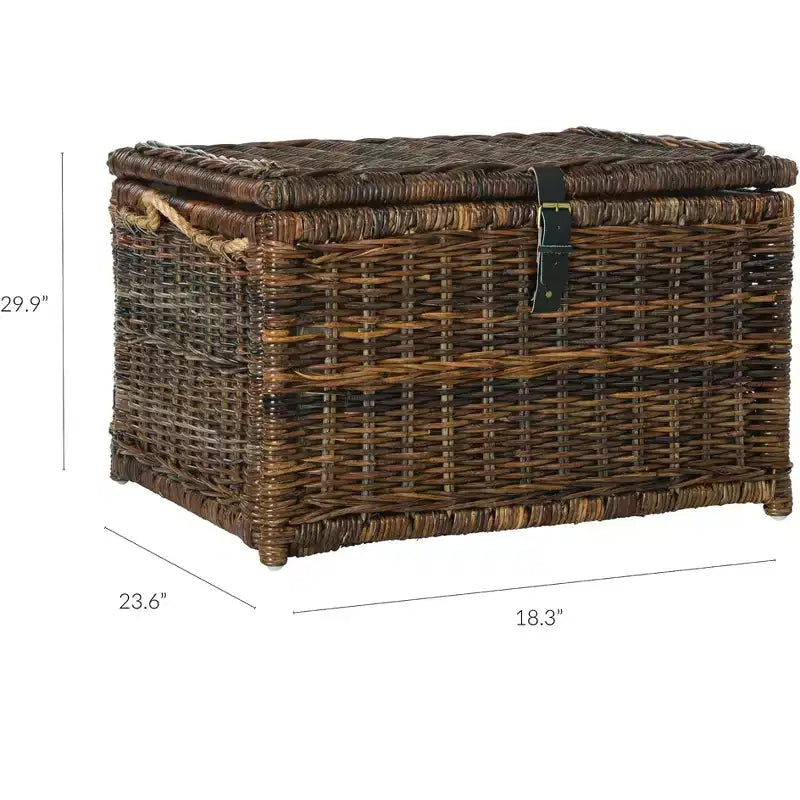30" Hand-Woven Wicker Storage Trunk with Leather Strap Accent