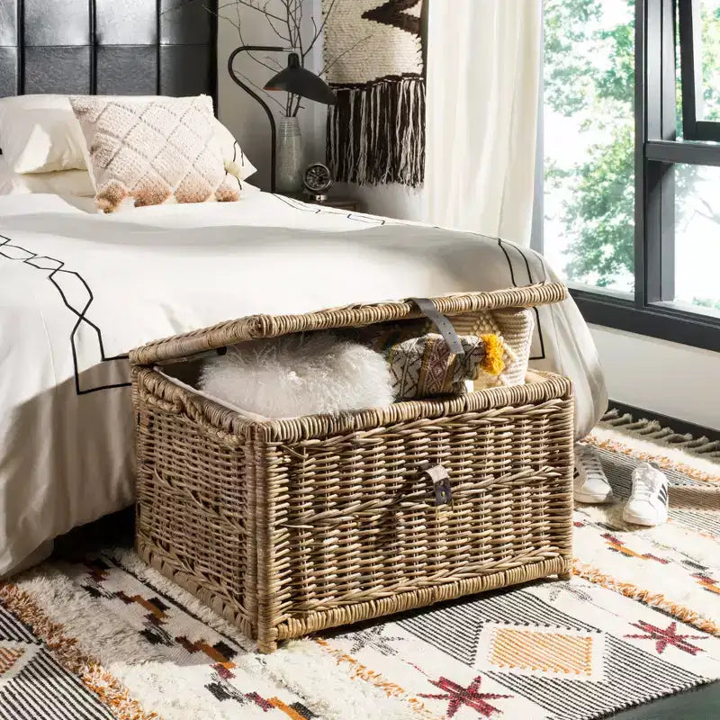 30" Hand-Woven Wicker Storage Trunk with Leather Strap Accent