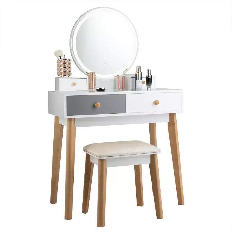 Vanity Table with 3 Color Lighting Modes, MakeUp Stool & Jewelry Storage