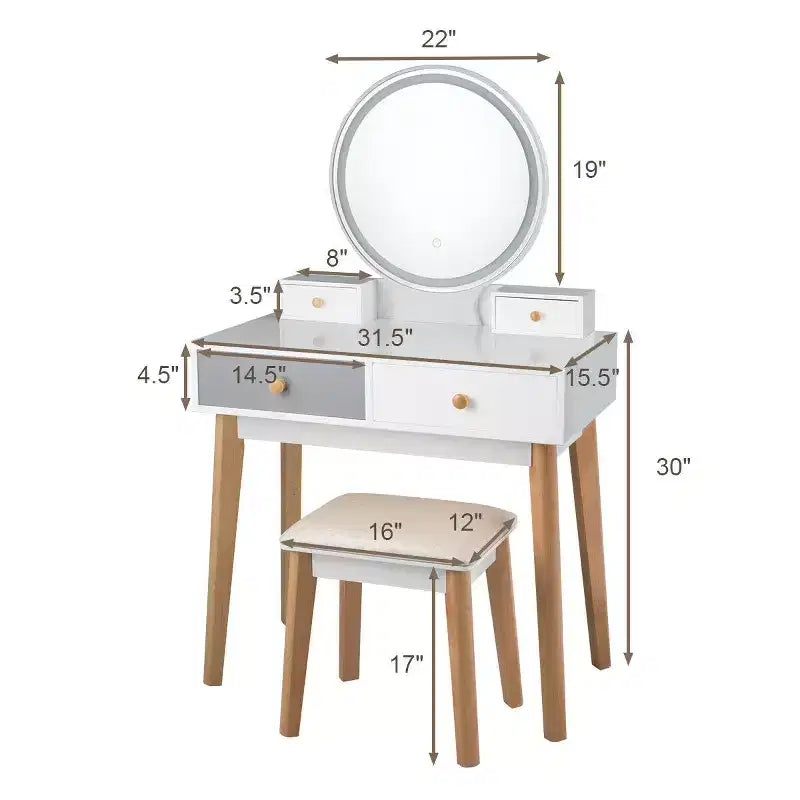 Vanity Table with 3 Color Lighting Modes, MakeUp Stool & Jewelry Storage