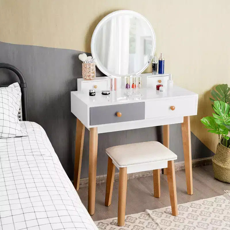 Vanity Table with 3 Color Lighting Modes, MakeUp Stool & Jewelry Storage