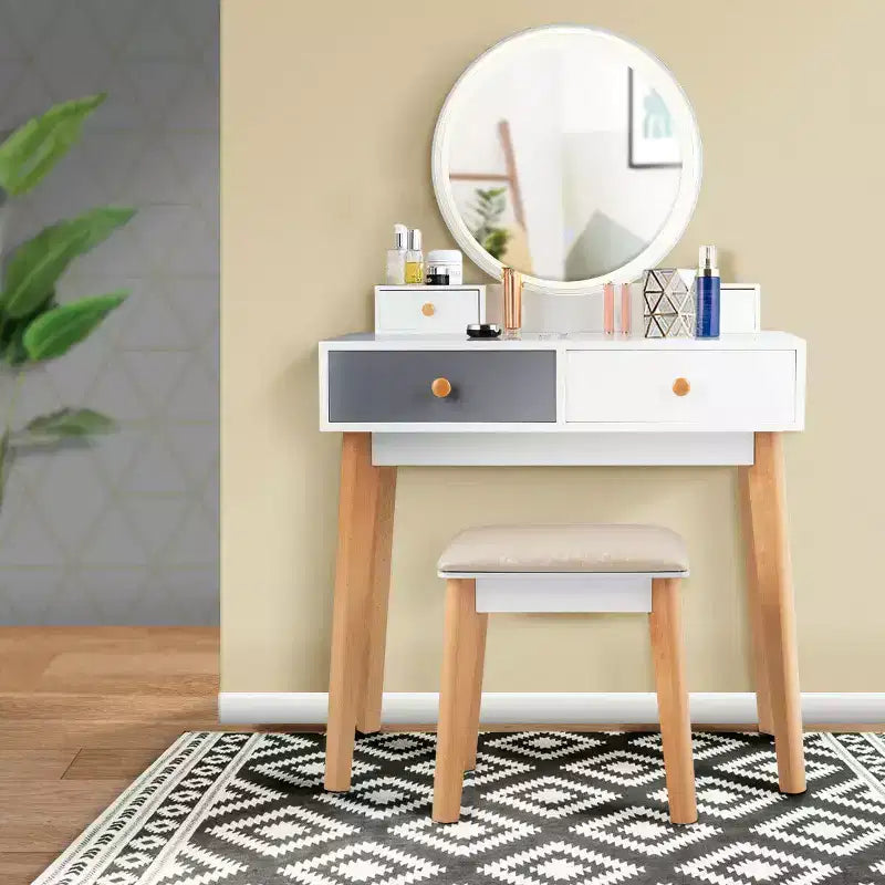 Vanity Table with 3 Color Lighting Modes, MakeUp Stool & Jewelry Storage