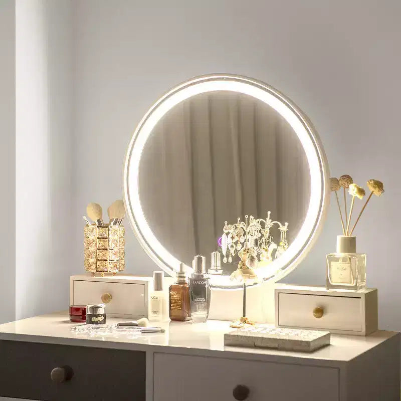 Vanity Table with 3 Color Lighting Modes, MakeUp Stool & Jewelry Storage