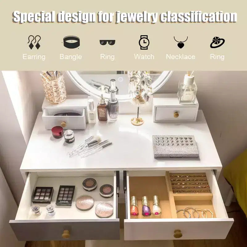 Vanity Table with 3 Color Lighting Modes, MakeUp Stool & Jewelry Storage
