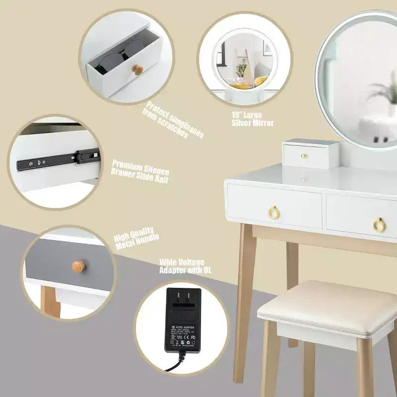 Vanity Table with 3 Color Lighting Modes, MakeUp Stool & Jewelry Storage