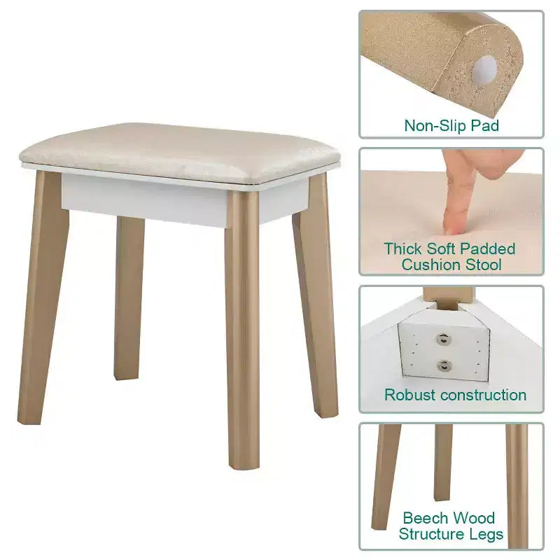 Vanity Table with 3 Color Lighting Modes, MakeUp Stool & Jewelry Storage