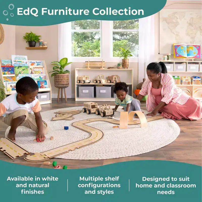 Children's Wooden Book and Bin Display Shelf with 4 Fabric Bins